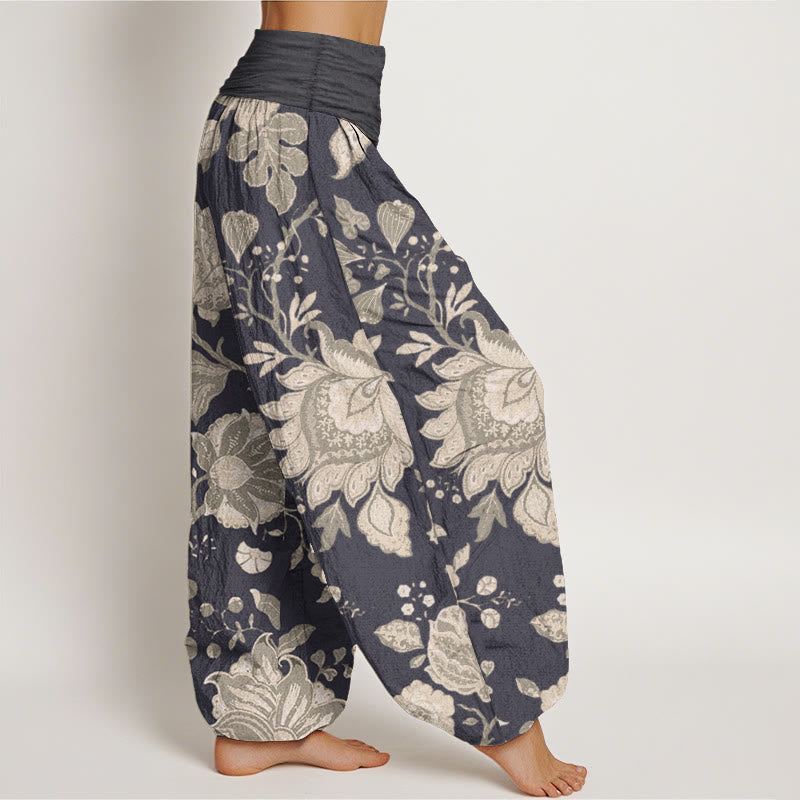 Pantalones harén de cintura elástica para mujer, estilo casual, de algodón puro y peonía, con Buddha Stones