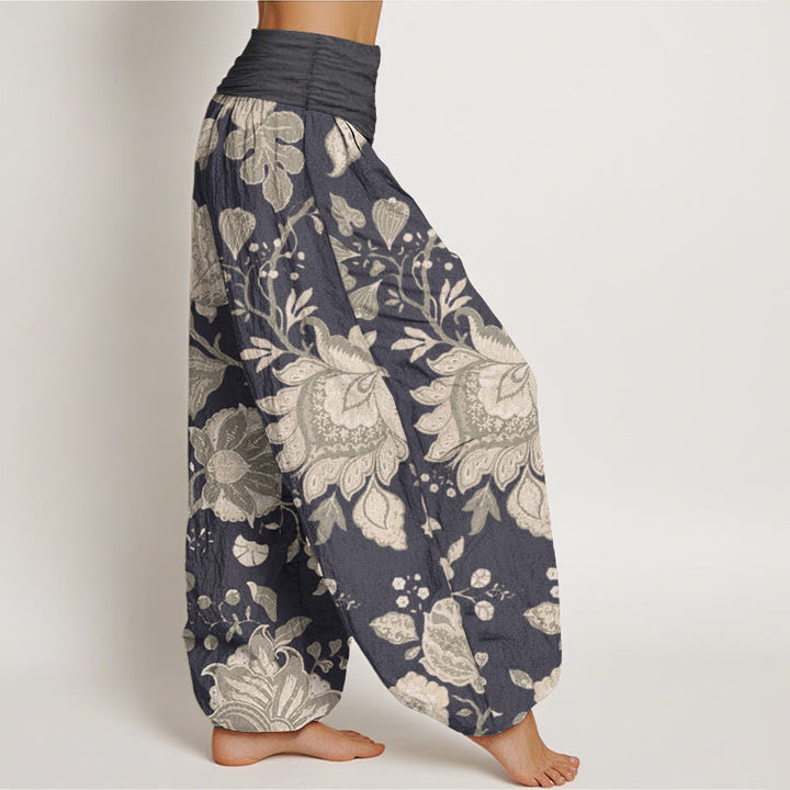 Pantalones harén de cintura elástica para mujer, estilo casual, de algodón puro y peonía, con Buddha Stones