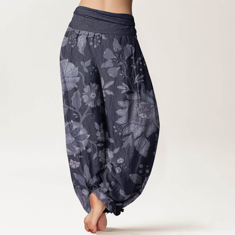 Pantalones harén de cintura elástica para mujer, estilo casual, de algodón puro y peonía, con Buddha Stones