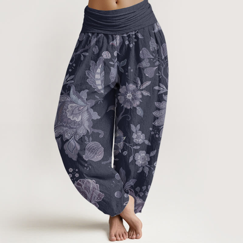 Pantalones harén de cintura elástica para mujer, estilo casual, de algodón puro y peonía, con Buddha Stones
