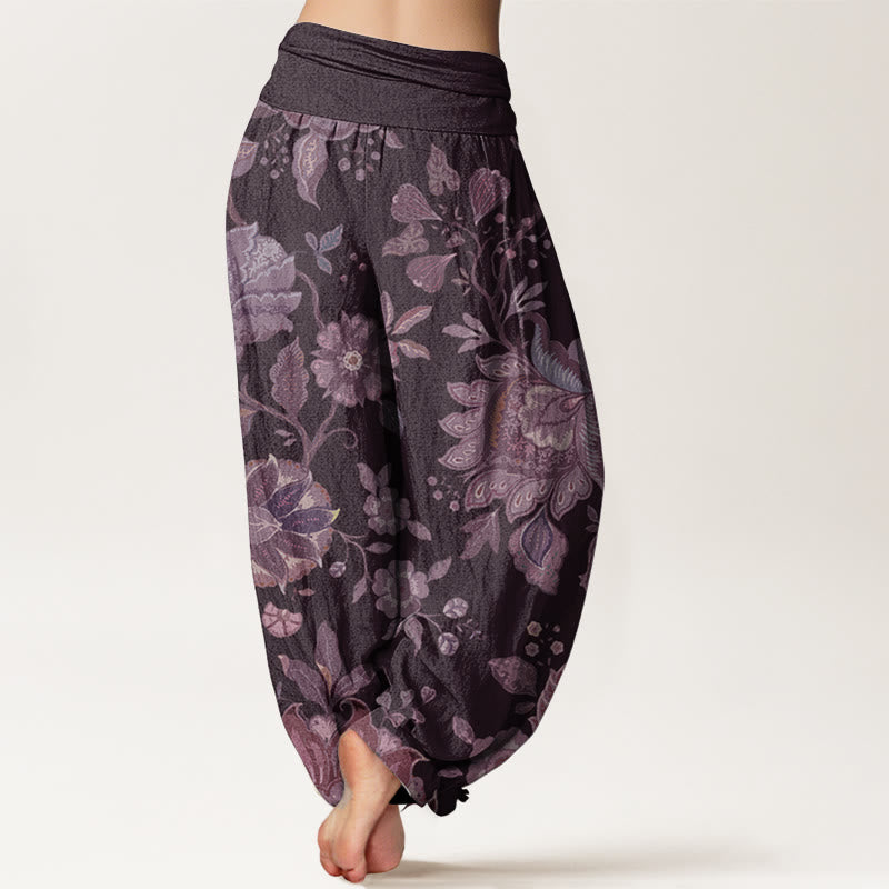 Pantalones harén de cintura elástica para mujer, estilo casual, de algodón puro y peonía, con Buddha Stones