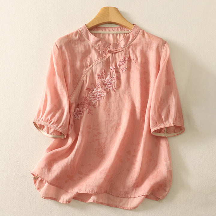 Camisa de algodón para mujer, de media manga, con cuello mandarín y botones de rana y bordado de Buddha Stones - image 14