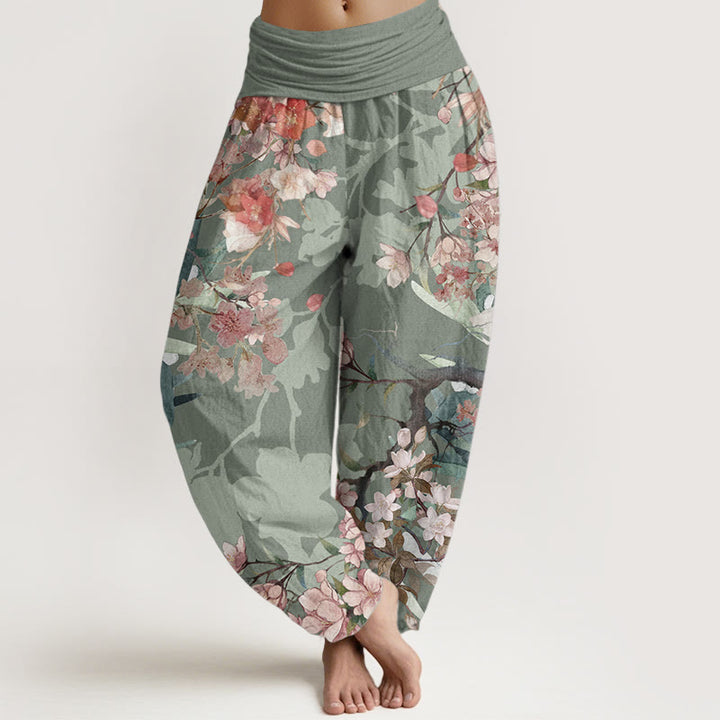 Pantalones harén de algodón puro con diseño de Buddha Stones, flores rojas y rosas, ramas exuberantes, cintura elástica para mujer