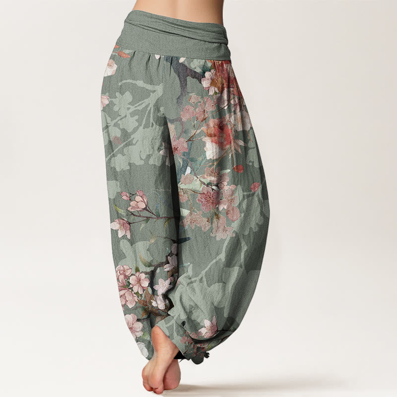 Pantalones harén de algodón puro con diseño de Buddha Stones, flores rojas y rosas, ramas exuberantes, cintura elástica para mujer