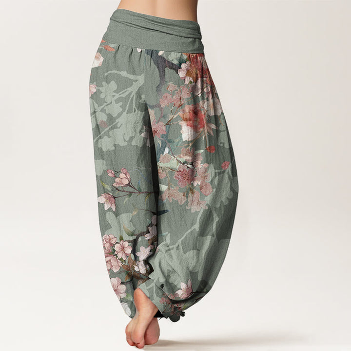 Pantalones harén de algodón puro con diseño de Buddha Stones, flores rojas y rosas, ramas exuberantes, cintura elástica para mujer