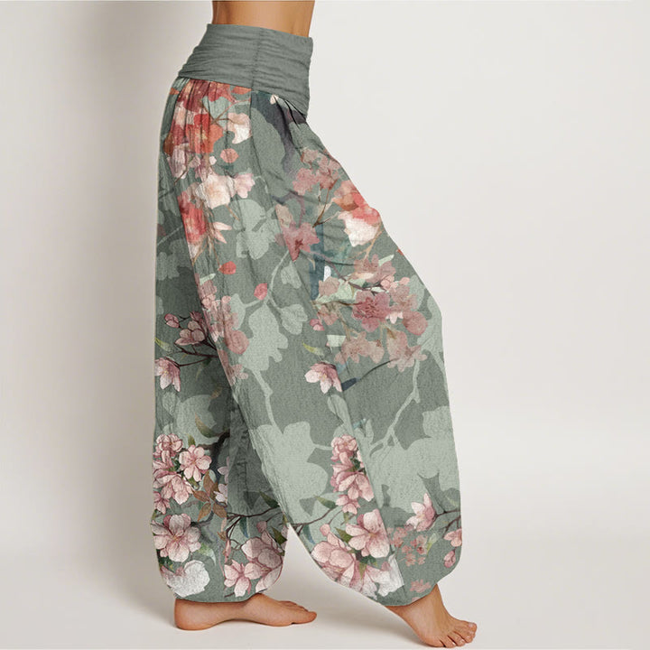 Pantalones harén de algodón puro con diseño de Buddha Stones, flores rojas y rosas, ramas exuberantes, cintura elástica para mujer