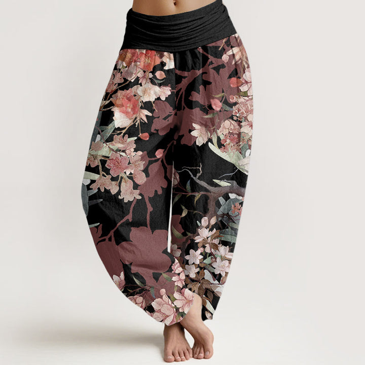 Pantalones harén de algodón puro con diseño de Buddha Stones, flores rojas y rosas, ramas exuberantes, cintura elástica para mujer