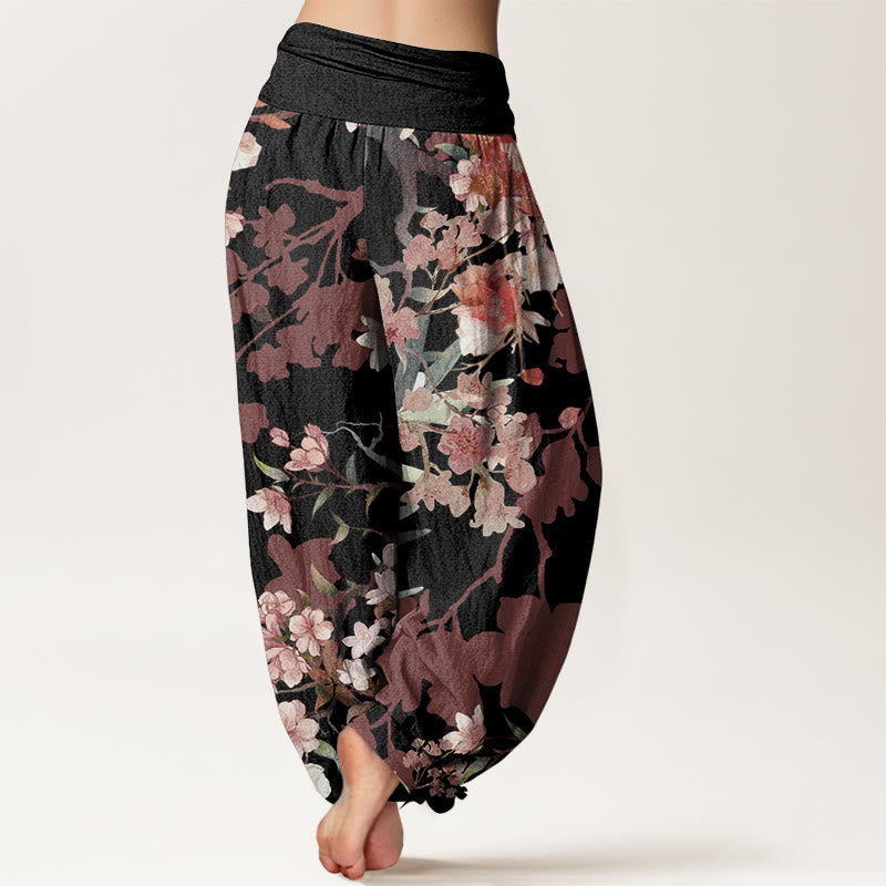 Pantalones harén de algodón puro con diseño de Buddha Stones, flores rojas y rosas, ramas exuberantes, cintura elástica para mujer