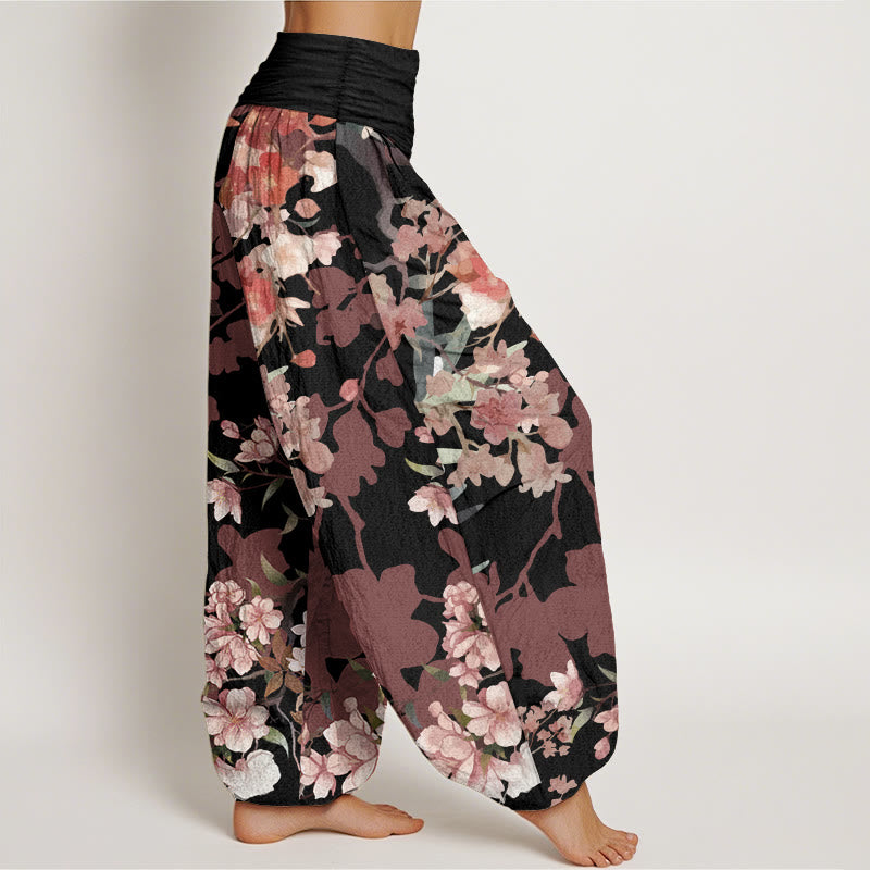 Pantalones harén de algodón puro con diseño de Buddha Stones, flores rojas y rosas, ramas exuberantes, cintura elástica para mujer