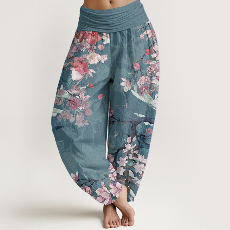 Pantalones harén de algodón puro con diseño de Buddha Stones, flores rojas y rosas, ramas exuberantes, cintura elástica para mujer
