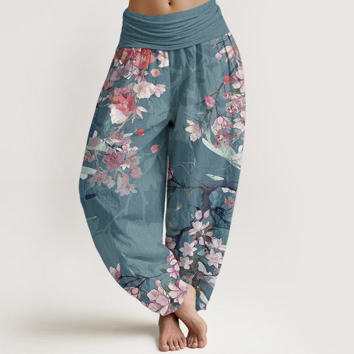 Pantalones harén de algodón puro con diseño de Buddha Stones, flores rojas y rosas, ramas exuberantes, cintura elástica para mujer