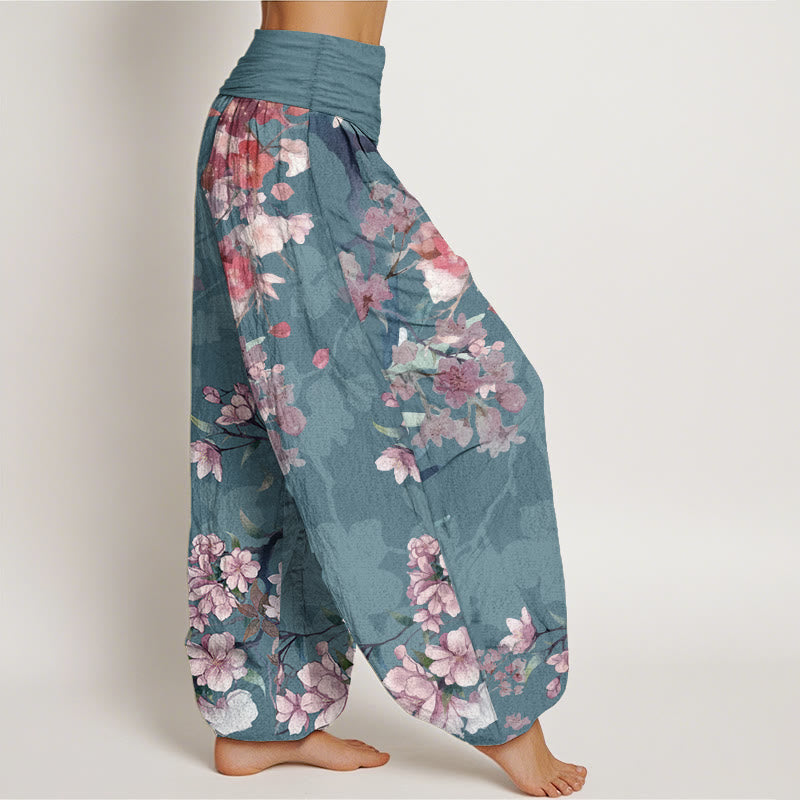 Pantalones harén de algodón puro con diseño de Buddha Stones, flores rojas y rosas, ramas exuberantes, cintura elástica para mujer