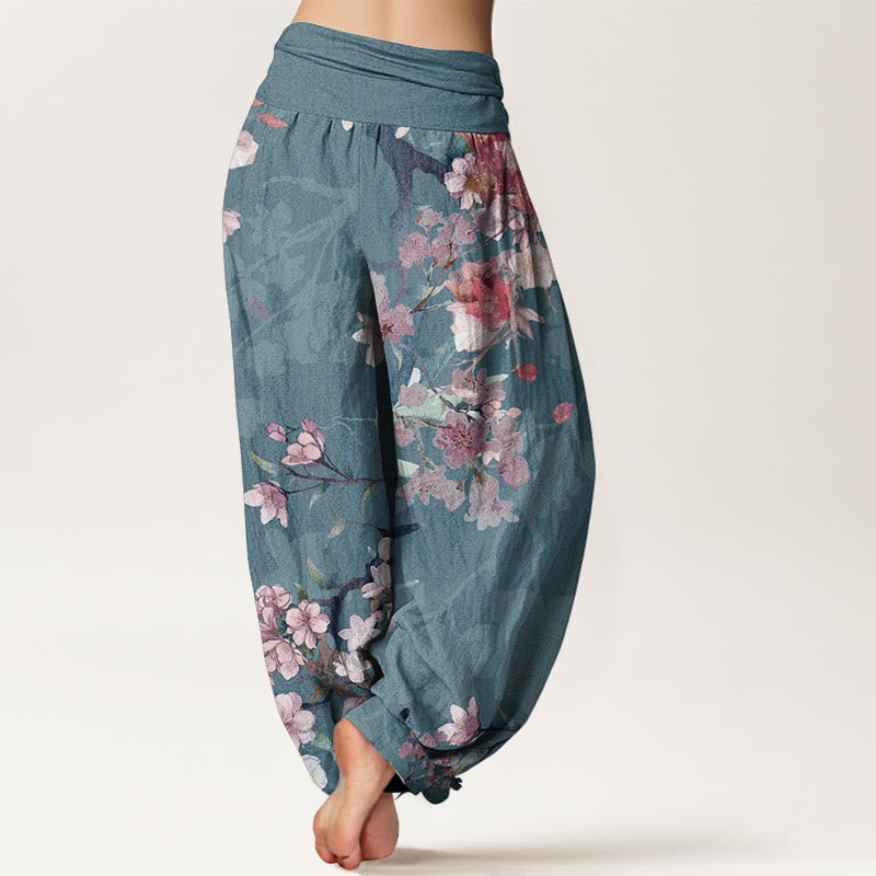 Pantalones harén de algodón puro con diseño de Buddha Stones, flores rojas y rosas, ramas exuberantes, cintura elástica para mujer