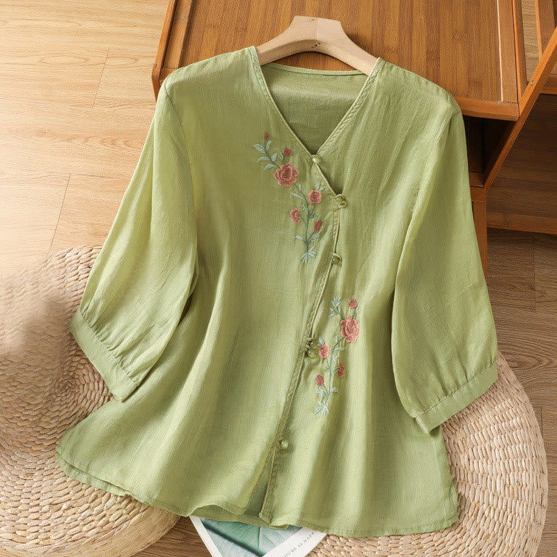 Camisa de algodón con cuello en V para mujer con flores bordadas y Buddha Stones - AmarilloVerde - US12, UK/AU16, EU44 (2XL) - image 8