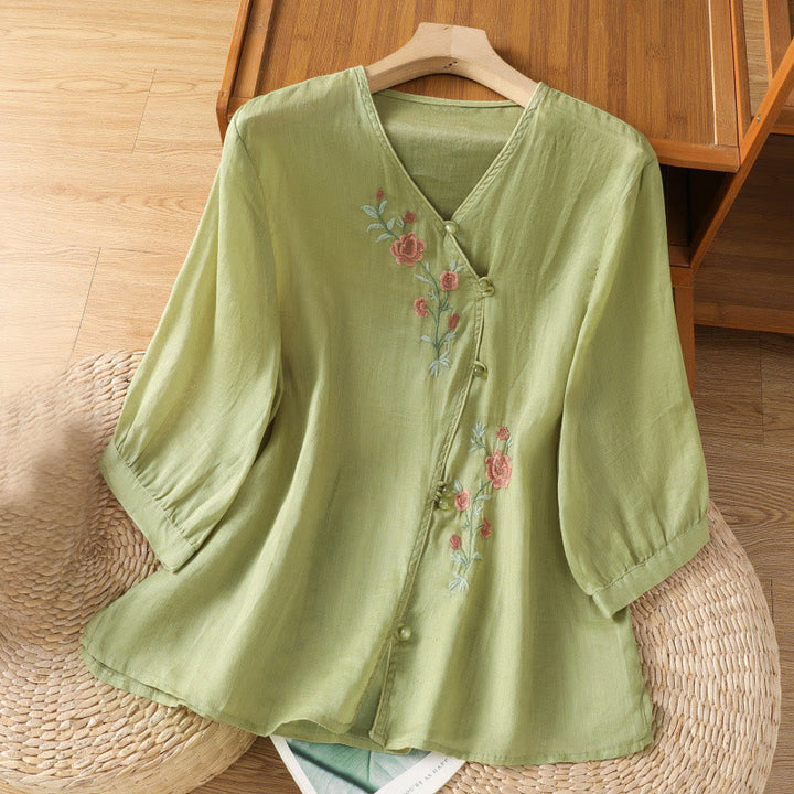 Camisa de algodón con cuello en V para mujer con flores bordadas y Buddha Stones - AmarilloVerde - US12, UK/AU16, EU44 (2XL) - image 8