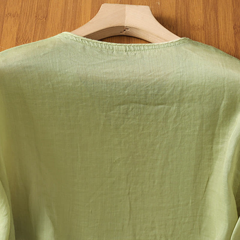 Camisa de algodón con cuello en V para mujer con flores bordadas y Buddha Stones - image 11