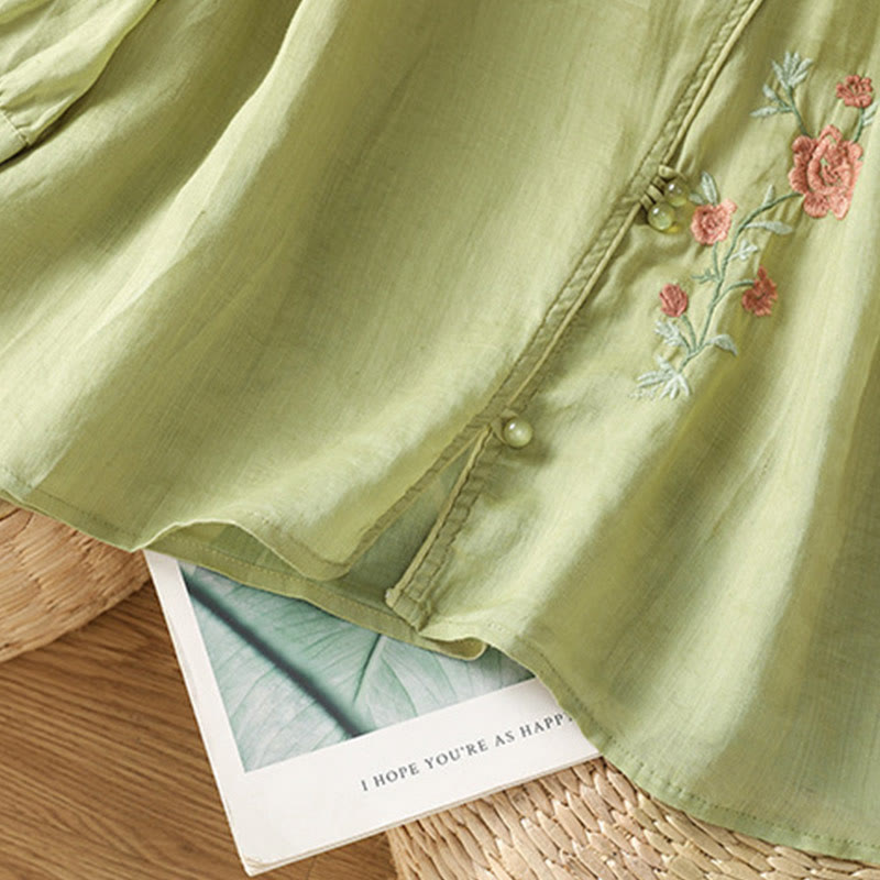Camisa de algodón con cuello en V para mujer con flores bordadas y Buddha Stones - image 13
