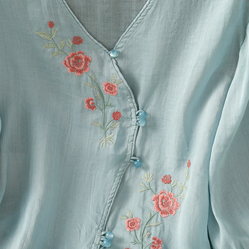 Camisa de algodón con cuello en V para mujer con flores bordadas y Buddha Stones - image 6