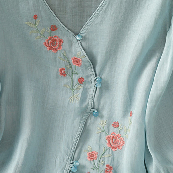 Camisa de algodón con cuello en V para mujer con flores bordadas y Buddha Stones - image 6