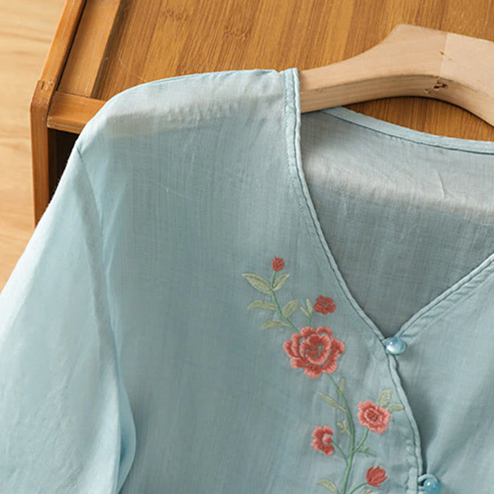 Camisa de algodón con cuello en V para mujer con flores bordadas y Buddha Stones - image 7