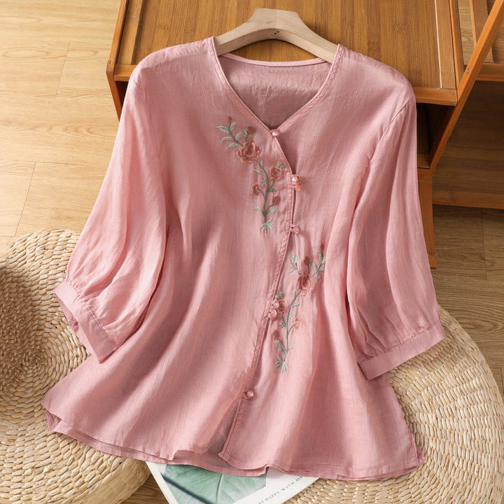 Camisa de algodón con cuello en V para mujer con flores bordadas y Buddha Stones - Rosa claro - US12, UK/AU16, EU44 (2XL) - image 14