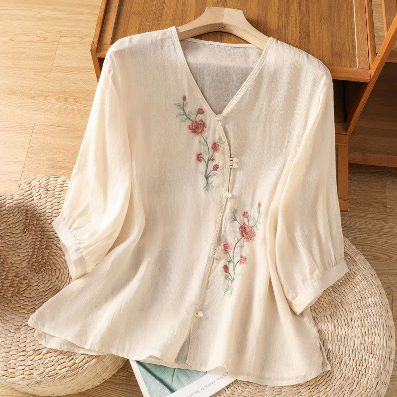 Camisa de algodón con cuello en V para mujer con flores bordadas y Buddha Stones - PapayaWhip - US12, UK/AU16, EU44 (2XL) - image 1