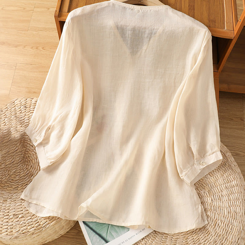 Camisa de algodón con cuello en V para mujer con flores bordadas y Buddha Stones - image 3