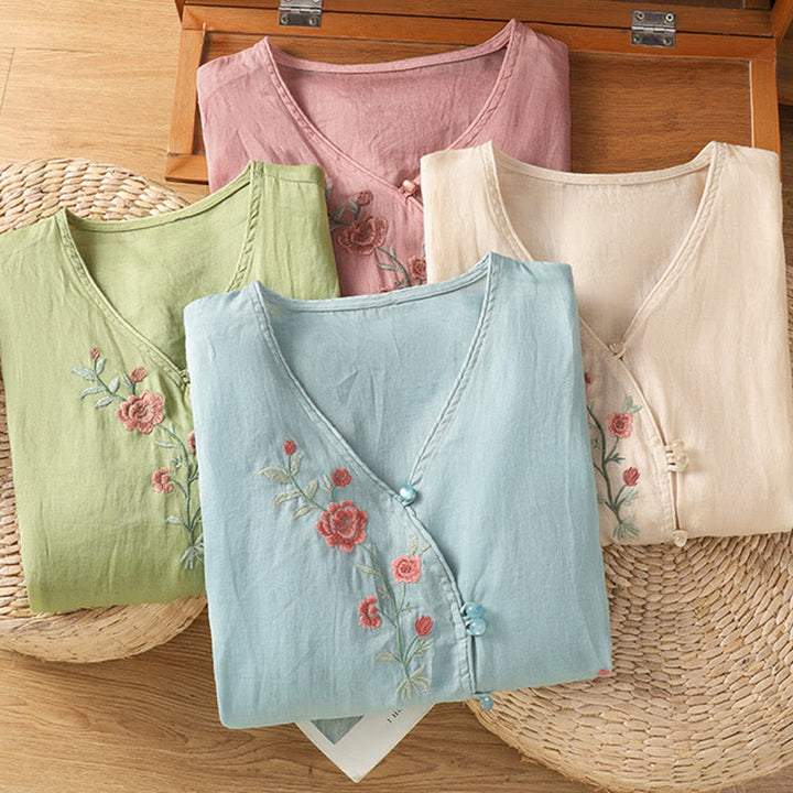 Camisa de algodón con cuello en V para mujer con flores bordadas y Buddha Stones - image 19