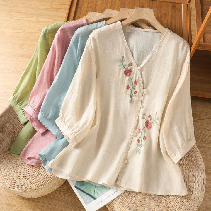 Camisa de algodón con cuello en V para mujer con flores bordadas y Buddha Stones - image 20