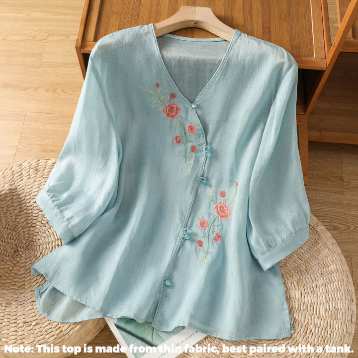 Camisa de algodón con cuello en V para mujer con flores bordadas y Buddha Stones - image 5