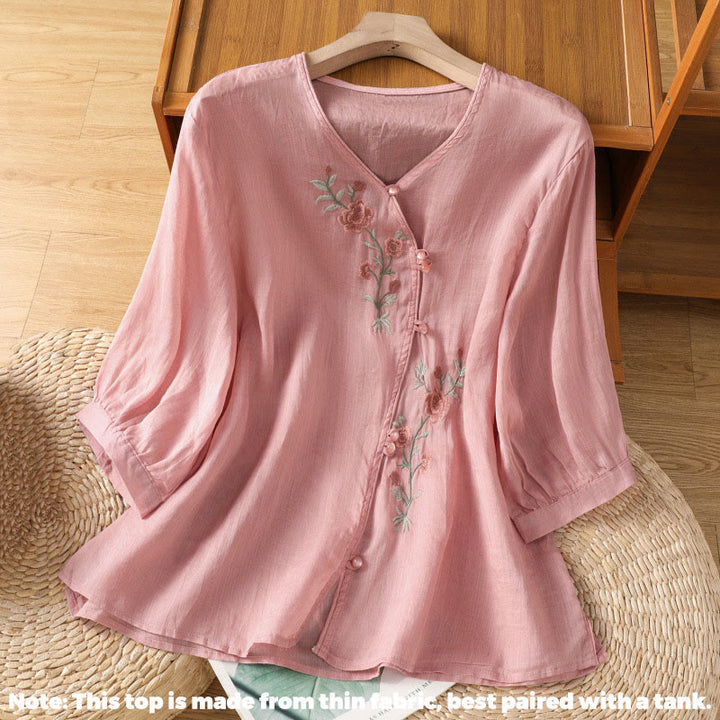 Camisa de algodón con cuello en V para mujer con flores bordadas y Buddha Stones - image 15