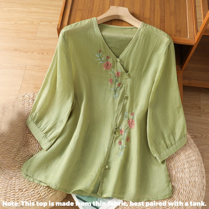 Camisa de algodón con cuello en V para mujer con flores bordadas y Buddha Stones - image 9