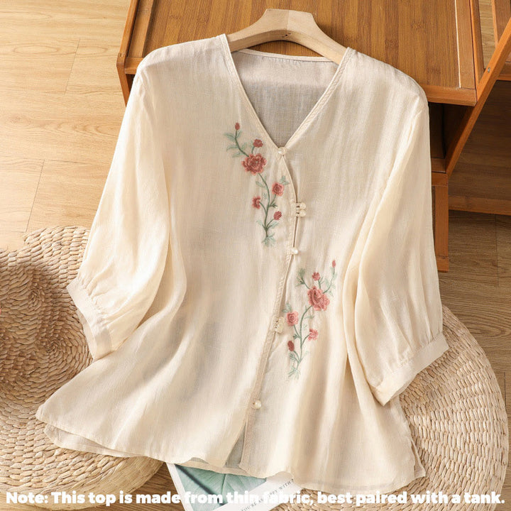 Camisa de algodón con cuello en V para mujer con flores bordadas y Buddha Stones - image 1