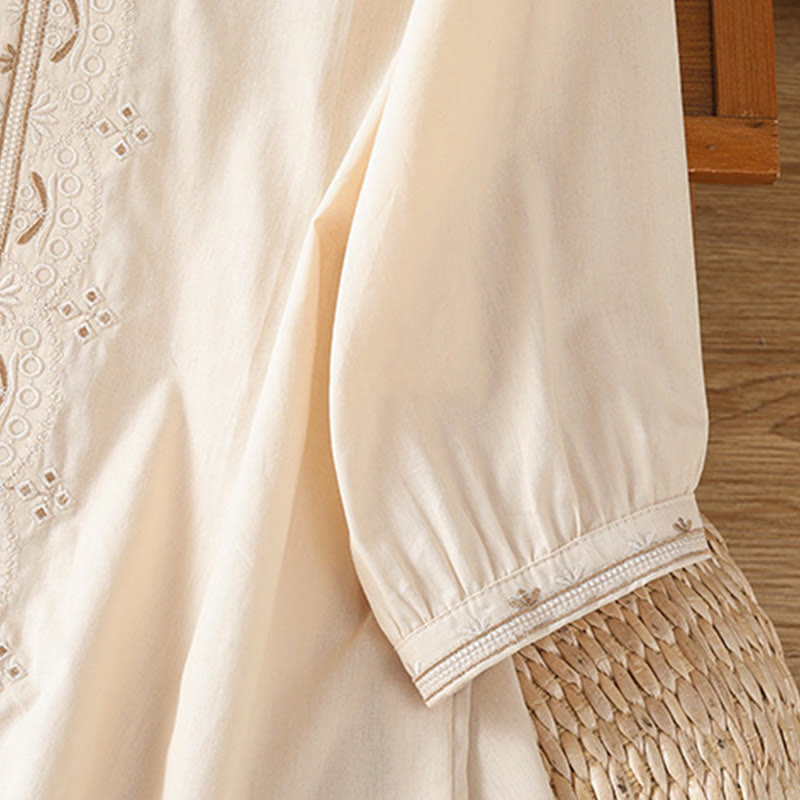 Camisa de algodón con cuello en V y bordado simétrico de Buddha Stones para mujer - image 3