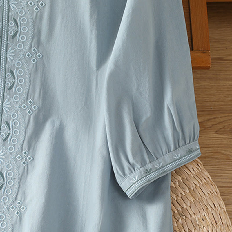 Camisa de algodón con cuello en V y bordado simétrico de Buddha Stones para mujer - image 11