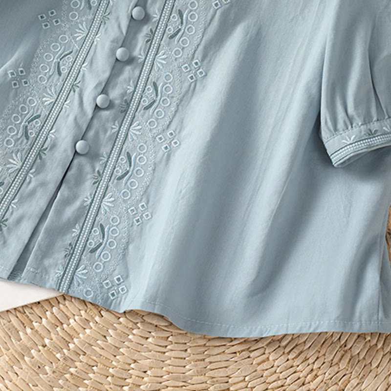 Camisa de algodón con cuello en V y bordado simétrico de Buddha Stones para mujer - image 13