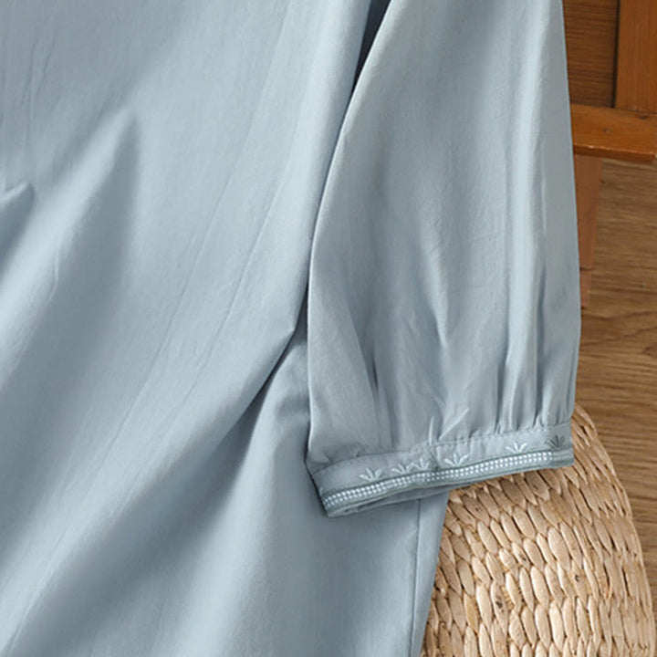Camisa de algodón con cuello en V y bordado simétrico de Buddha Stones para mujer - image 9
