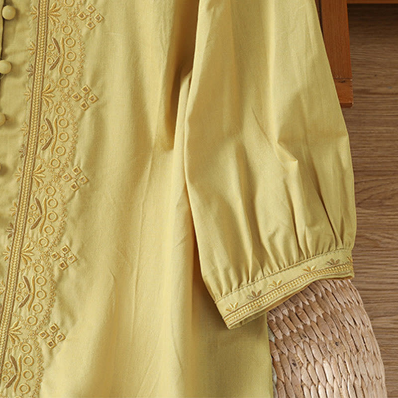 Camisa de algodón con cuello en V y bordado simétrico de Buddha Stones para mujer - image 19