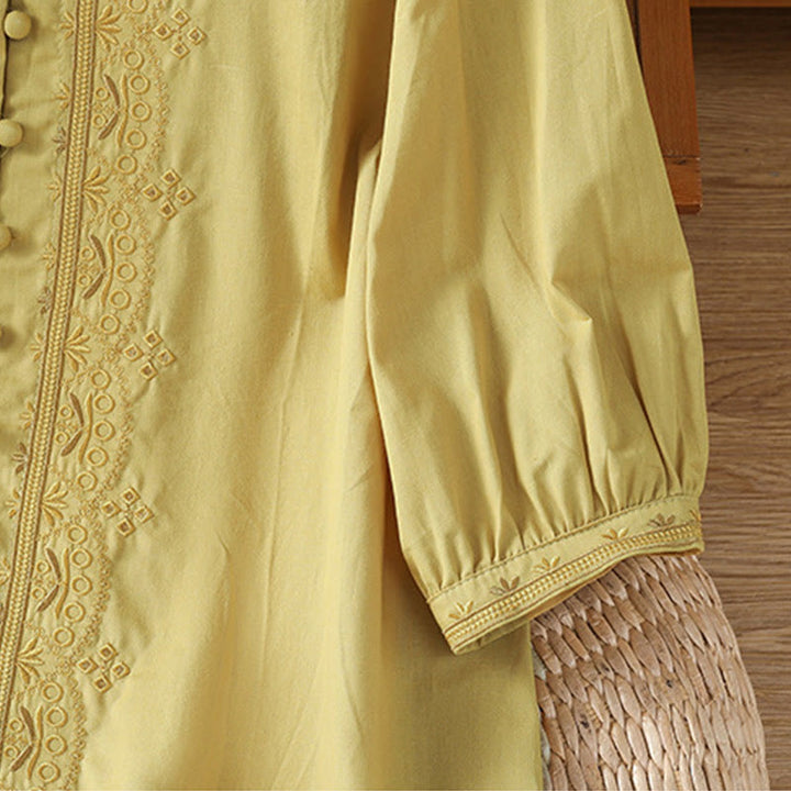 Camisa de algodón con cuello en V y bordado simétrico de Buddha Stones para mujer - image 19