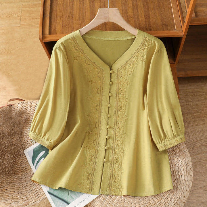 Camisa de algodón con cuello en V y bordado simétrico de Buddha Stones para mujer - Caqui - US12, UK/AU16, EU44 (2XL) - image 14