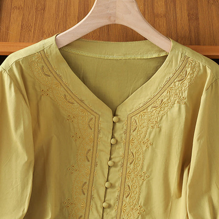 Camisa de algodón con cuello en V y bordado simétrico de Buddha Stones para mujer - image 17