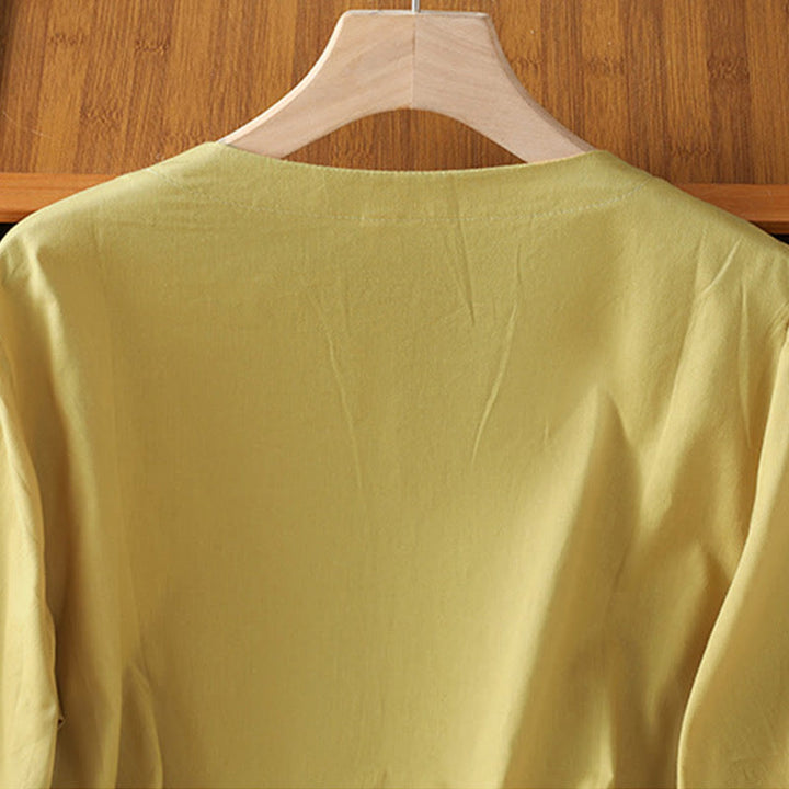Camisa de algodón con cuello en V y bordado simétrico de Buddha Stones para mujer - image 16