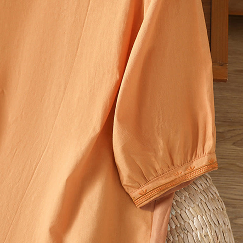 Camisa de algodón con cuello en V y bordado simétrico de Buddha Stones para mujer - image 23