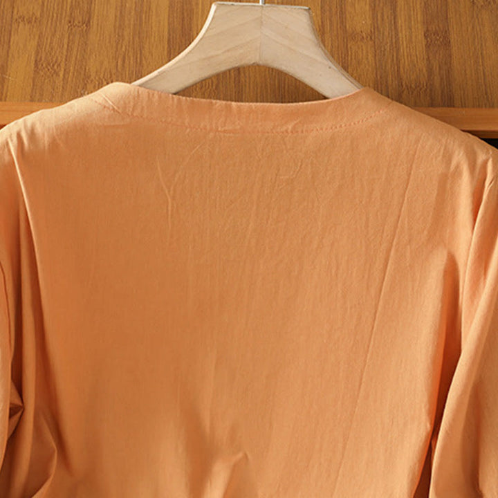 Camisa de algodón con cuello en V y bordado simétrico de Buddha Stones para mujer - image 22