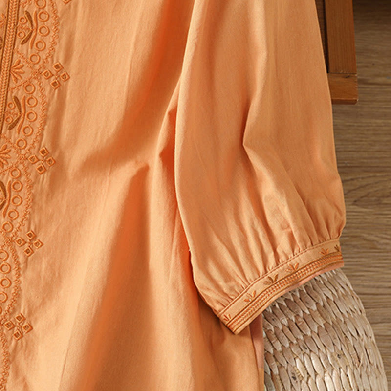 Camisa de algodón con cuello en V y bordado simétrico de Buddha Stones para mujer - image 25