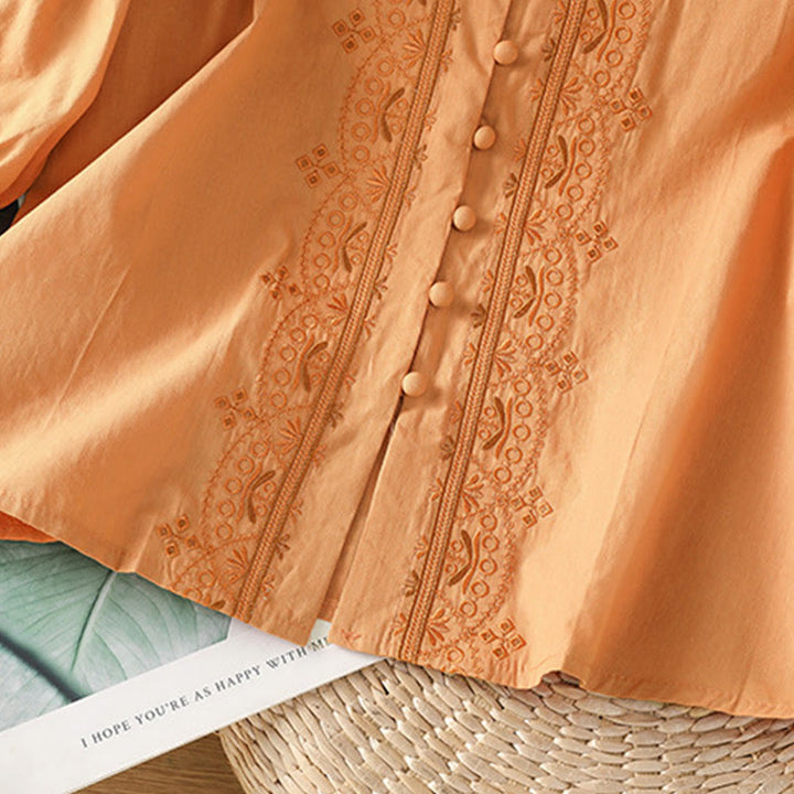 Camisa de algodón con cuello en V y bordado simétrico de Buddha Stones para mujer - image 26