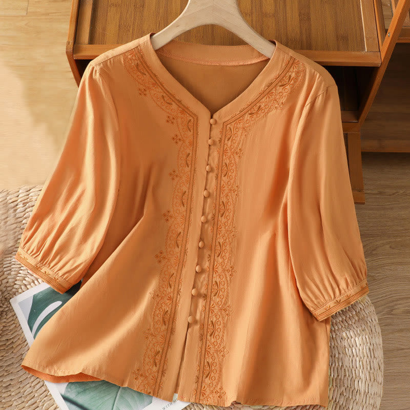 Camisa de algodón con cuello en V y bordado simétrico de Buddha Stones para mujer - SandyBrown - US12, UK/AU16, EU44 (2XL) - image 20