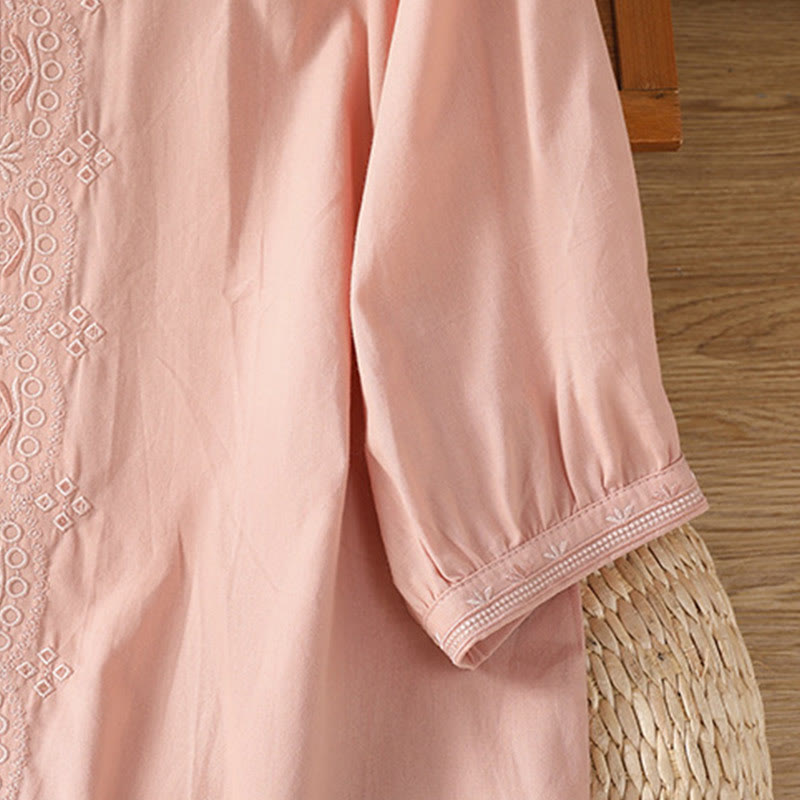Camisa de algodón con cuello en V y bordado simétrico de Buddha Stones para mujer - image 29