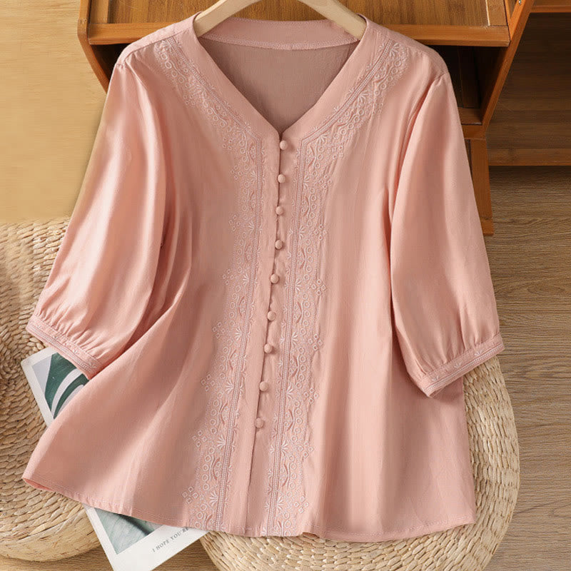 Camisa de algodón con cuello en V y bordado simétrico de Buddha Stones para mujer - Rosa - US12, UK/AU16, EU44 (2XL) - image 27