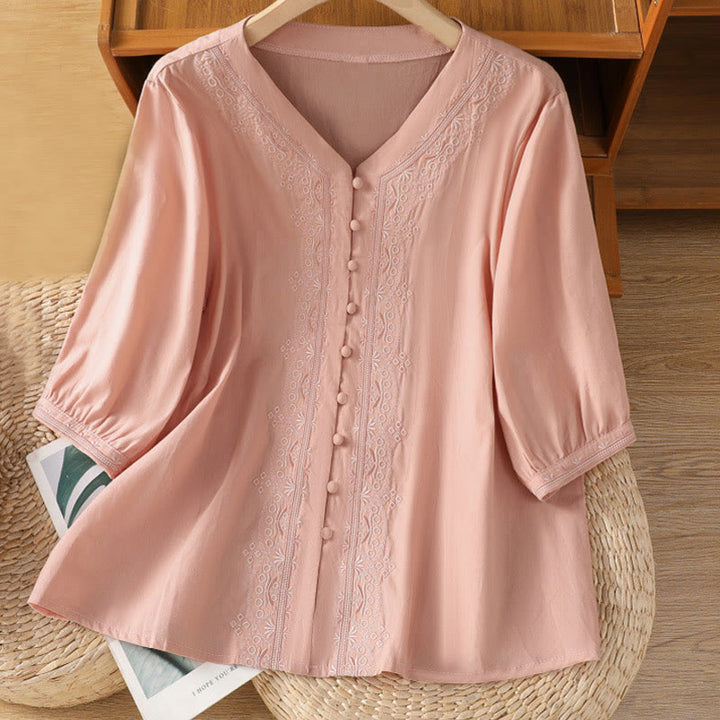 Camisa de algodón con cuello en V y bordado simétrico de Buddha Stones para mujer - Rosa - US12, UK/AU16, EU44 (2XL) - image 27
